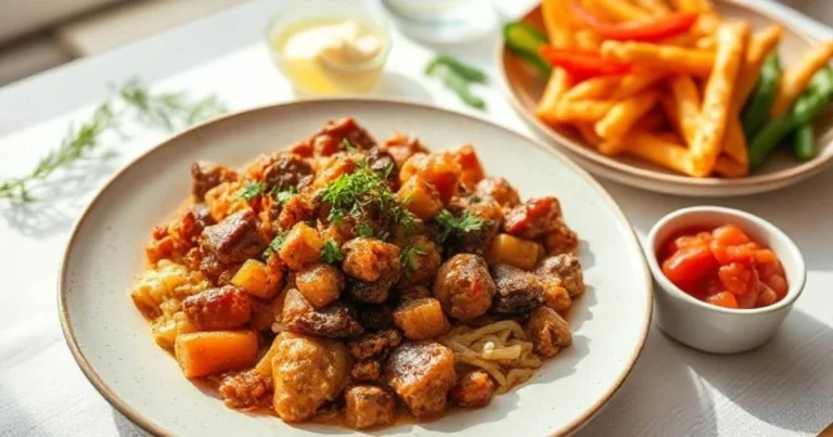 Hearty dump meals dish featuring tender meat, potatoes, carrots, and mushrooms, served with fresh herbs, fries, and vegetable sides on a sunny table