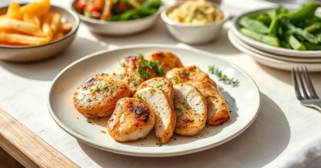 Plate of grilled chicken breast with herbs served with fresh vegetables, a healthy example of low carb recipes using chicken