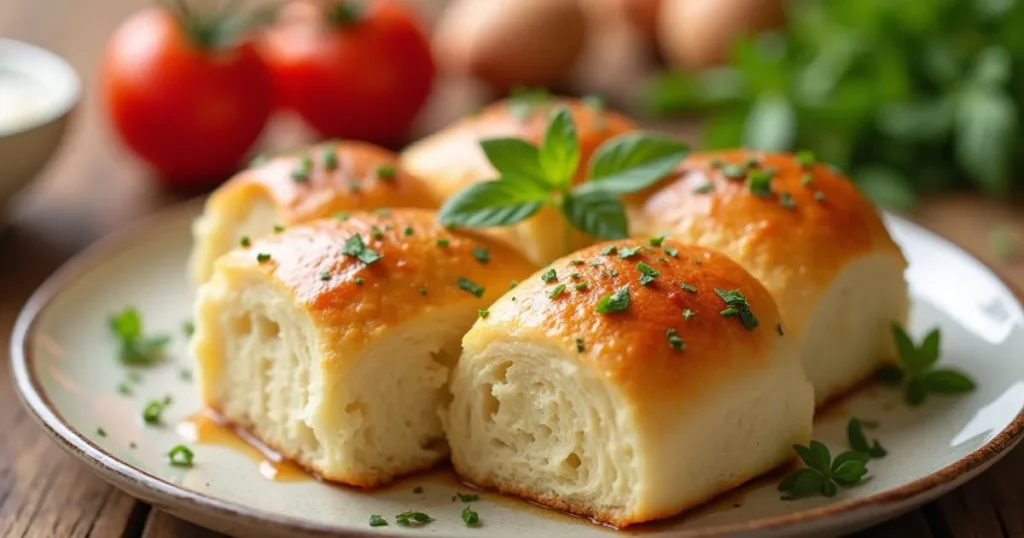Easy Rolls Without Yeast | Fast and Fluffy Dinner Rolls recipe served fresh on a plate, golden brown, soft, and garnished with herbs