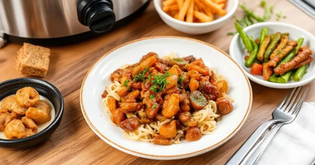 Best crock pot meals featuring a hearty vegetable and meat stew served over pasta with sides of green beans, fries, and crispy bites
