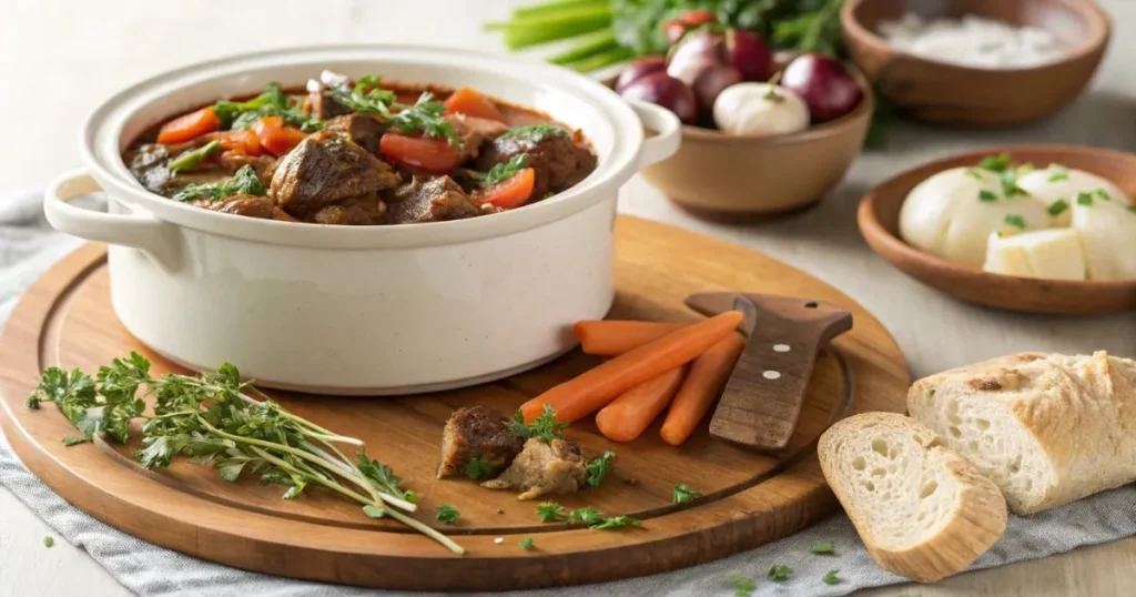 A hearty beef stew with carrots and herbs served in a white pot, perfect for slow cooker recipes easy and comforting family meals.
