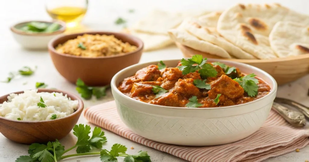 Easy Indian meals with chicken curry, steamed rice, naan bread, and lentils served in bowls, perfect for a quick and flavorful dinner