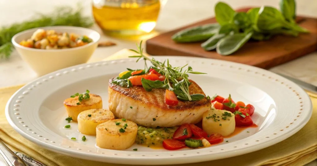 Healthy grilled fish with vegetables and herbs served on a plate – perfect for quick and healthy easy recipes for dinner in under 30 minutes