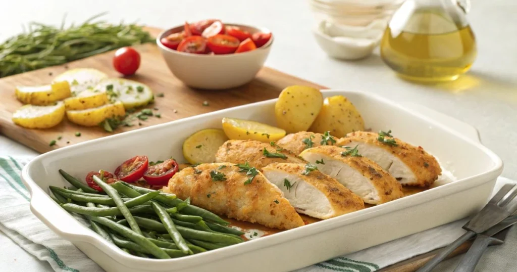 Crispy chicken tenders in oven served with green beans, roasted potatoes, and fresh tomatoes on a white baking dish