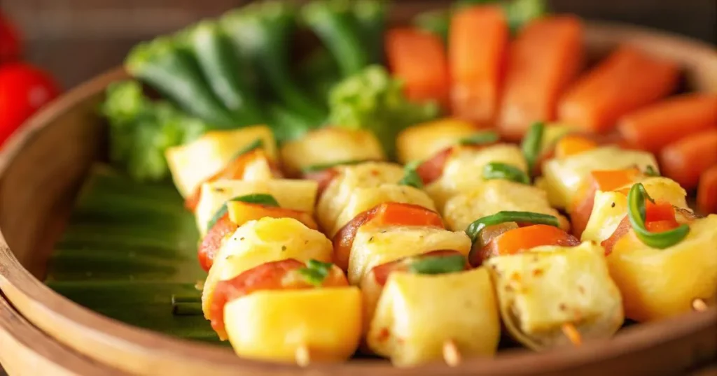 Colorful vegetable and potato skewers served fresh, a healthy and easy option for crockpot meals made with simple ingredients