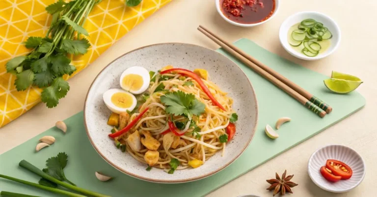 Healthy Asian food ideas for dinner featuring noodle stir-fry with vegetables, boiled egg, and fresh herbs served with Asian condiments.