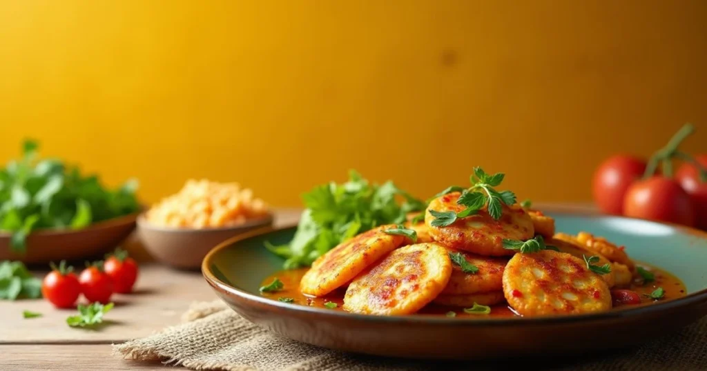 Delicious Indian vegetarian recipes featuring spiced lentil cakes served with fresh herbs, tomatoes, and traditional curry sauce
