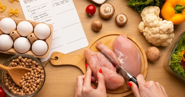 A woman chops chicken tenderloins on a cutting board, accompanied by an assortment of vegetables and eggs for cooking.