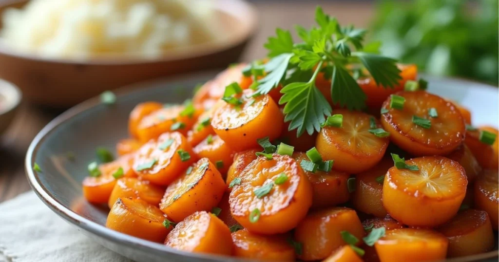A serving of fresh carrots topped with parsley next to a bowl of smooth mashed potatoes, complementing Asian dinner recipes.