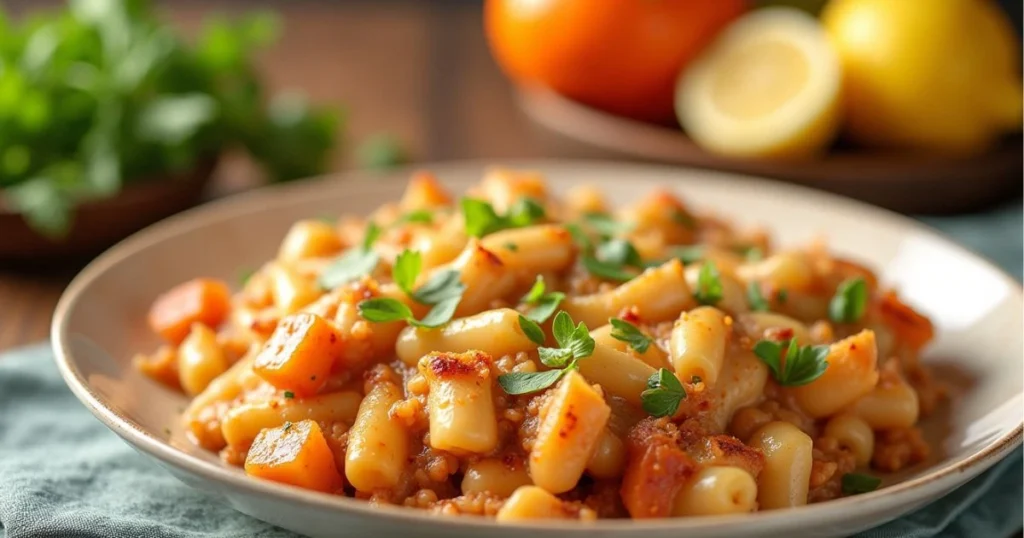 Heaping serving of Italian pasta with vibrant tomato sauce, illustrating a quick and flavorful Dump and Bake recipes.