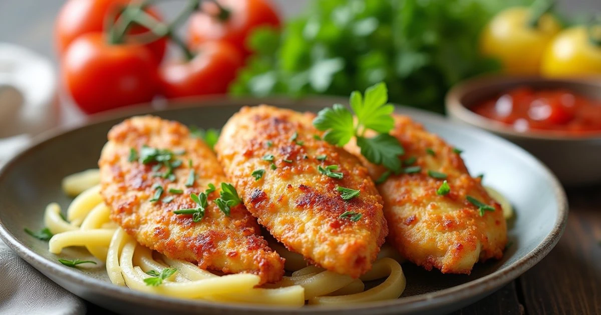 Juicy golden-brown chicken tenders served over pasta, garnished with fresh parsley, illustrating how long to cook chicken tenders for perfect results