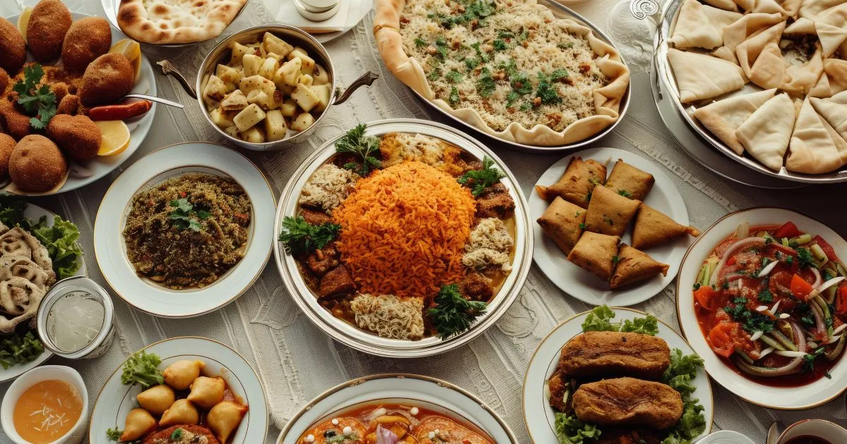 A table brimming with different vegetarian Indian food, highlighting an assortment of curries, breads, and side dishes.