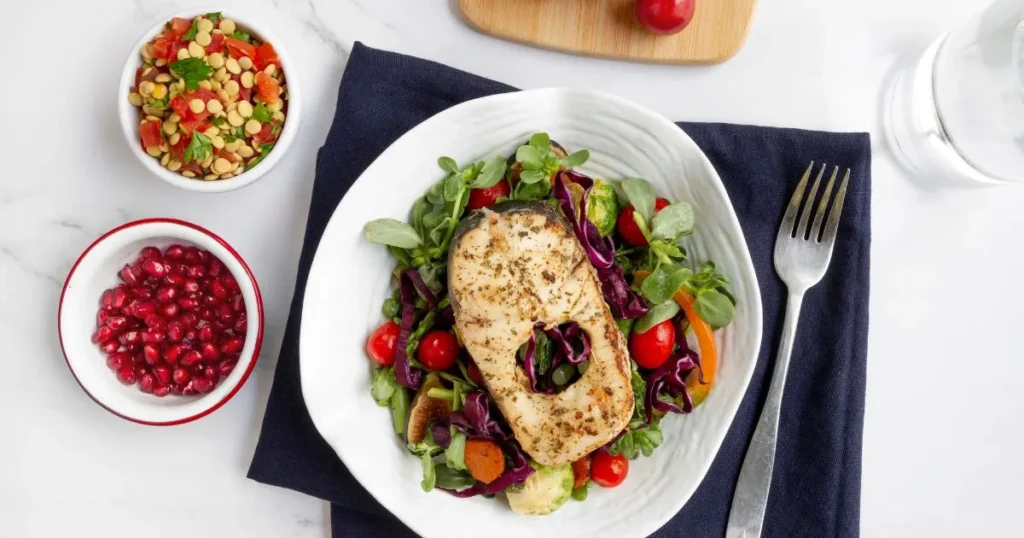 A table setting with a plate of fish, vibrant vegetables, and salad, illustrating a nutritious Paleo dinner meal.