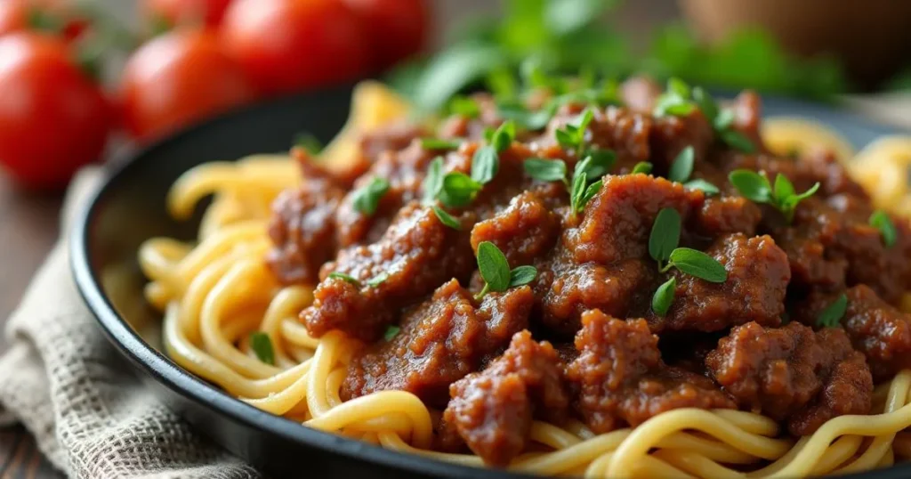 Delicious spaghetti with rich ground beef sauce – a tasty idea for what can I make with ground beef at home.
