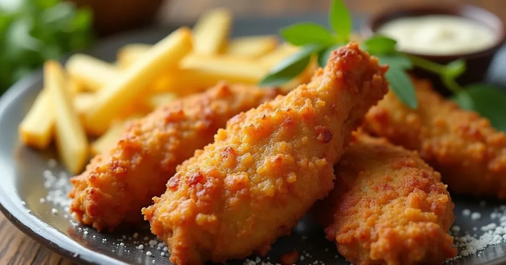 A serving of pan fried chicken tenders with a side of French fries on a decorative plate