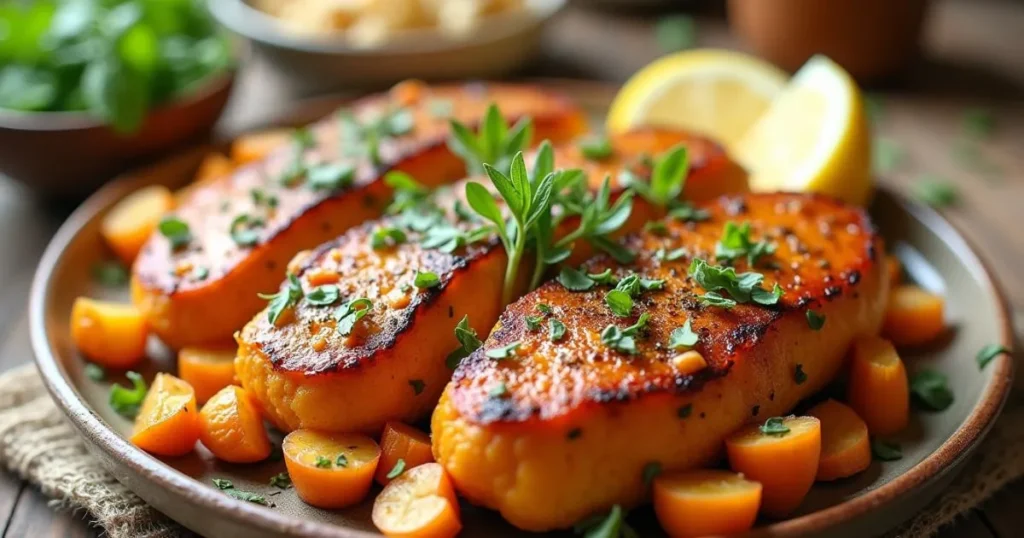 Grilled butternut squash steaks served with fresh herbs and cherry tomatoes, a healthy option for Weight Watchers dinner recipes
