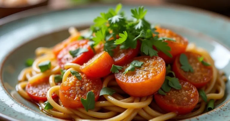 Healthy Asian food with fresh noodles, cherry tomatoes, and garnished parsley, served on a rustic plate for a nutritious and flavorful meal