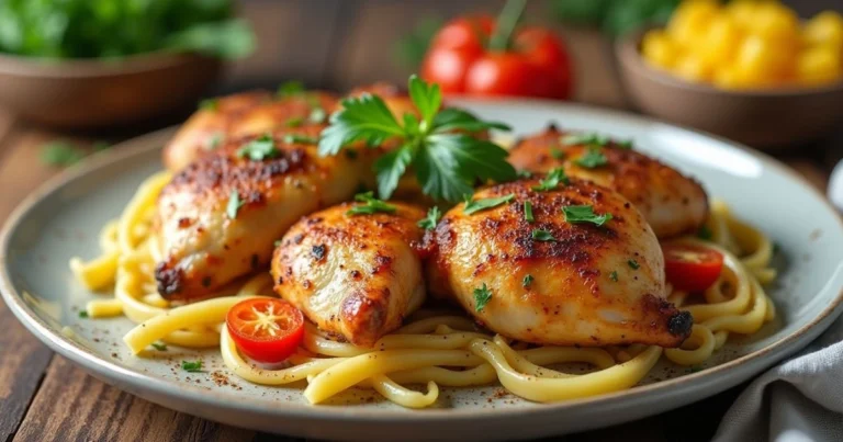 Grilled chicken breasts served on a bed of pasta, garnished with fresh parsley and cherry tomatoes, showcase how keto meals with chicken can be both delicious and visually appealing, with bowls of colorful vegetables in the background