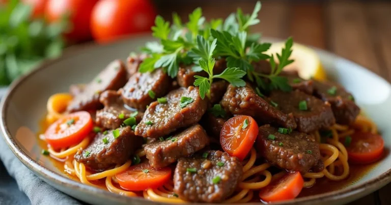A plate of spaghetti topped with sliced beef in sauce, halved cherry tomatoes, and fresh parsley—perfect inspiration for anyone seeking new ground beef dinner ideas