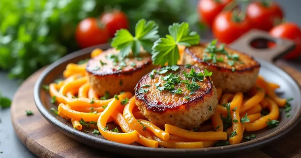 Three browned, high protein vegetarian patties served on a bed of orange spiralized vegetables, garnished with chopped parsley, with fresh tomatoes and greens in the background—perfect for those seeking High Protein Vegetarian Meals