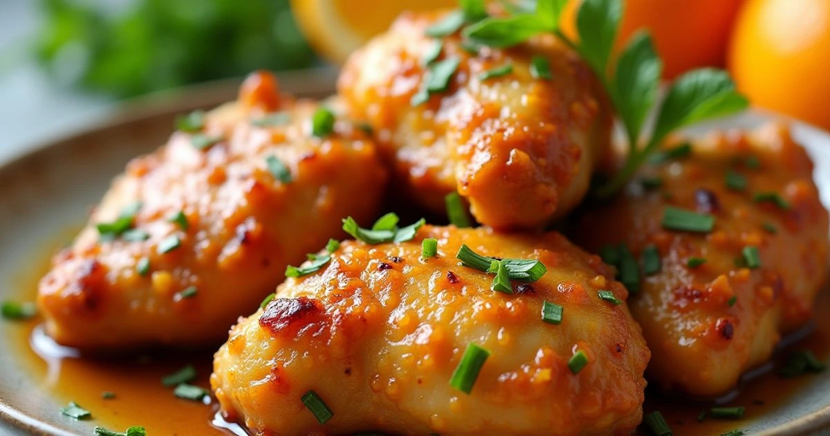 Crispy Air Fryer Orange Chicken garnished with fresh herbs, served with a tangy orange glaze on a plate