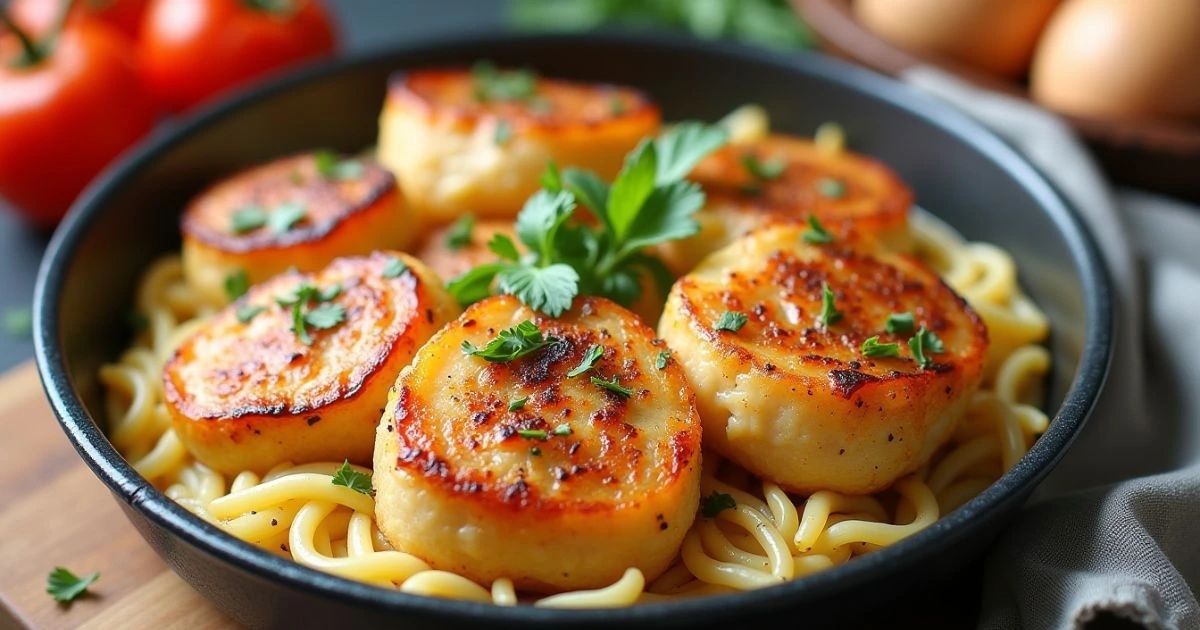 Delicious golden-brown potato rounds served over pasta, baked to perfection using easy oven recipes for a comforting homemade meal