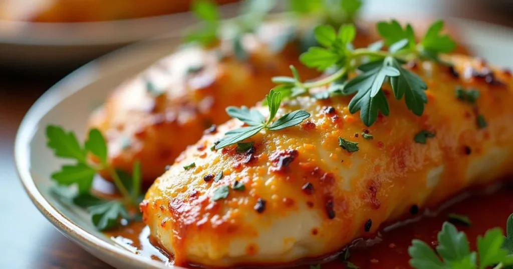 Juicy baked chicken tenderloins in oven topped with fresh herbs and spices served on a plate