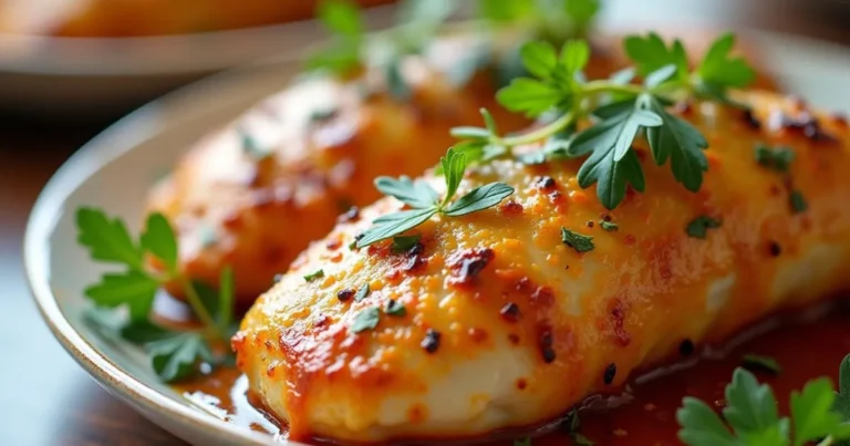 Juicy baked chicken tenderloins in oven topped with fresh herbs and spices served on a plate
