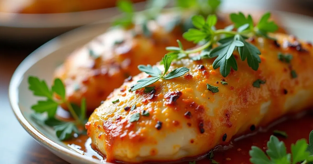 Juicy baked chicken tenderloins in oven topped with fresh herbs and spices served on a plate