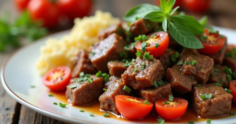 A delicious plate of easy ground beef recipes served with juicy cherry tomatoes, fresh herbs, and mashed potatoes, perfect for a quick homemade dinner