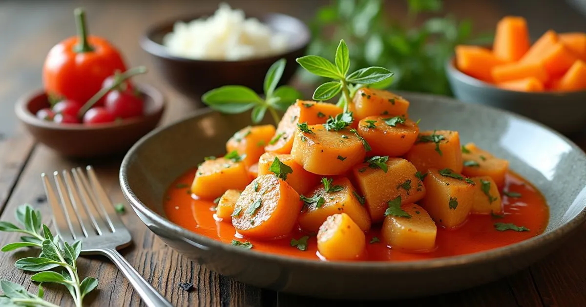 Delicious quick recipe jalbiteworldfood featuring tender carrots in a rich tomato sauce, garnished with fresh herbs, served in a rustic bowl for a global flavor experience