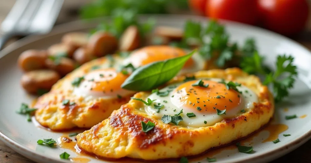 Delicious dinner ideas with eggs featuring sunny side up eggs served with golden potatoes, fresh herbs, and vegetables on a rustic plate