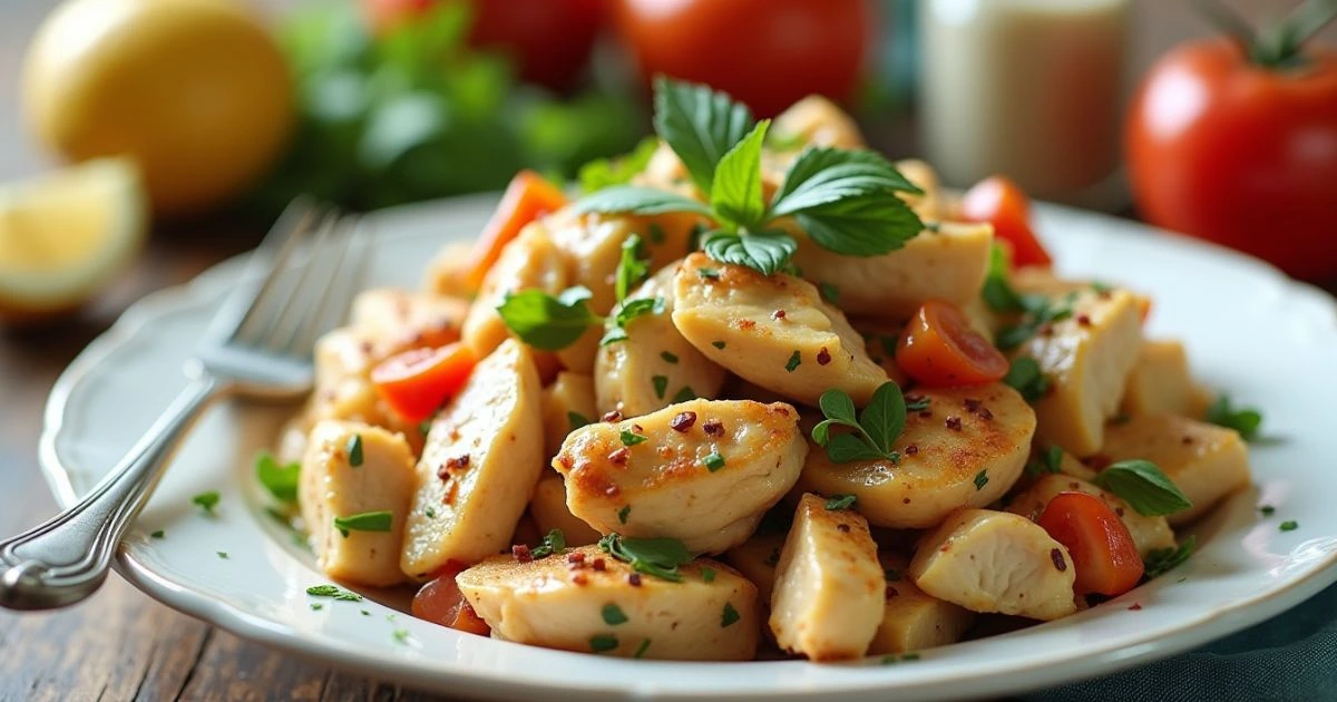Fresh and delicious Chicken Salad Using Canned Chicken with cherry tomatoes, herbs, and spices served on a white plate