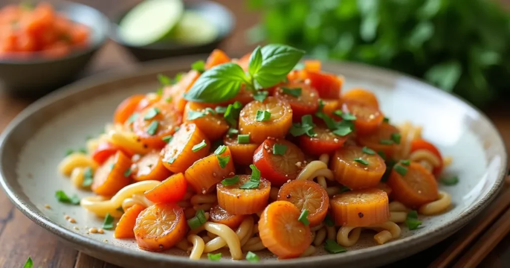 Delicious vegetable noodles with carrots and herbs served on a plate, perfect for easy to make Asian food recipes at home
