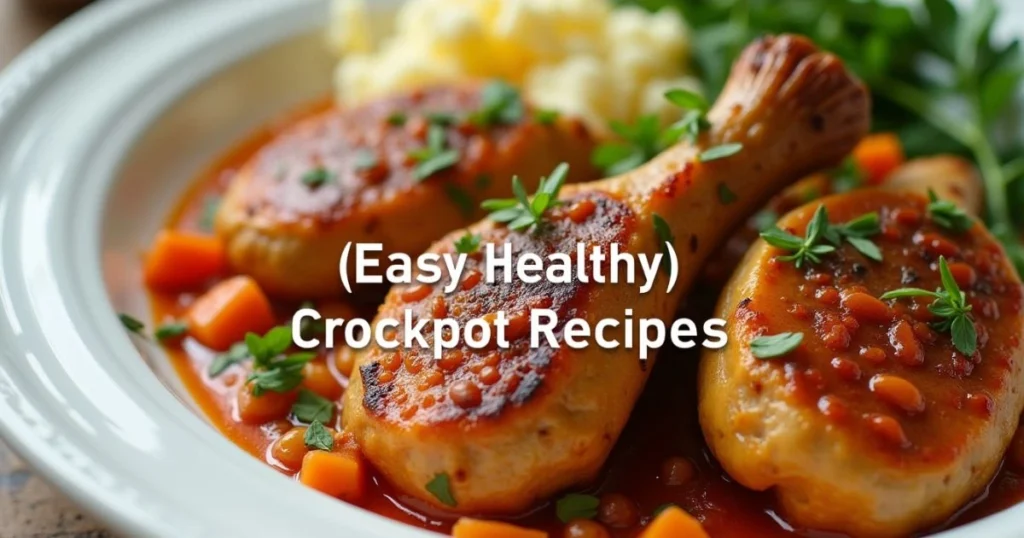 Easy Healthy Crockpot Recipes with chicken drumsticks, vegetables, and herbs served in a flavorful sauce on a white plate