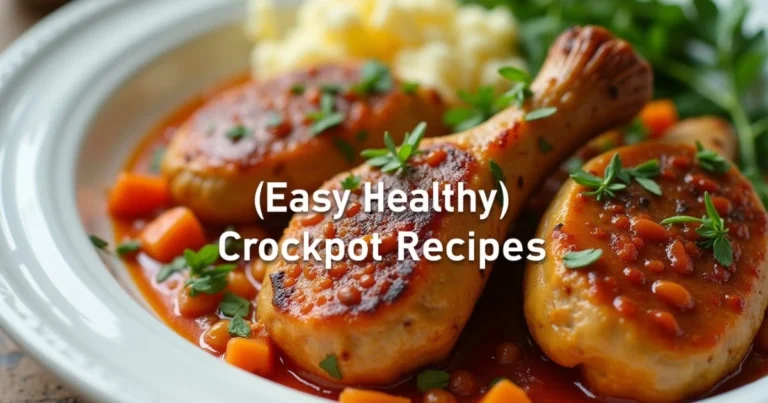 Easy Healthy Crockpot Recipes with chicken drumsticks, vegetables, and herbs served in a flavorful sauce on a white plate