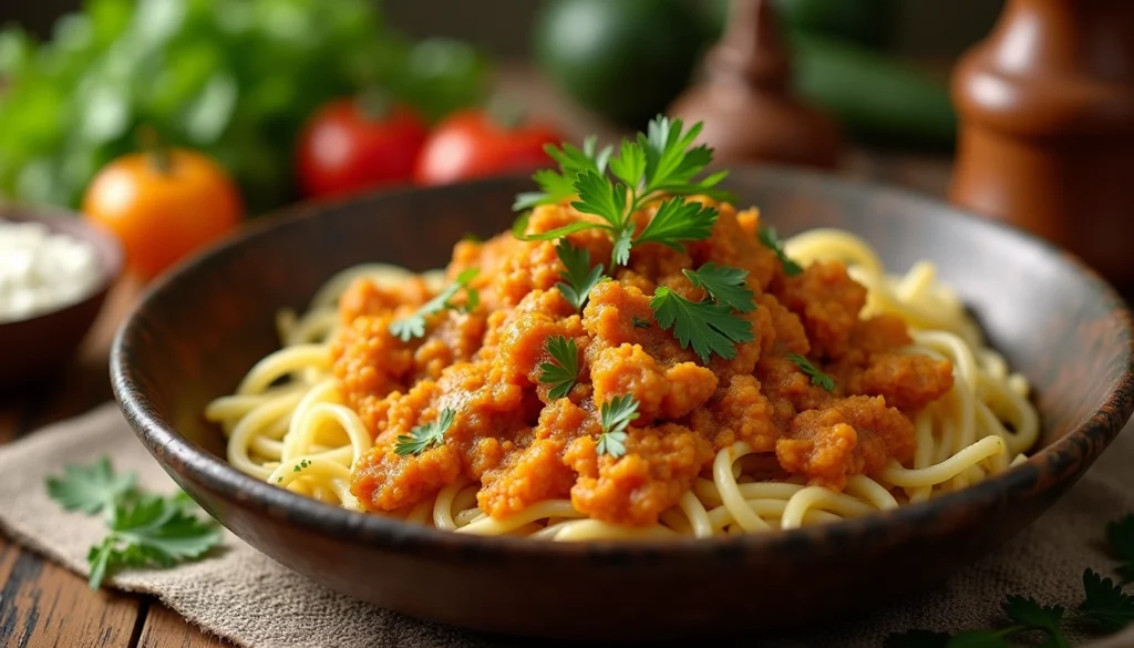 A delicious fusion pasta dish inspired by the New Foods of India, featuring creamy tomato curry sauce, fresh herbs, and traditional Indian spices for a modern twist