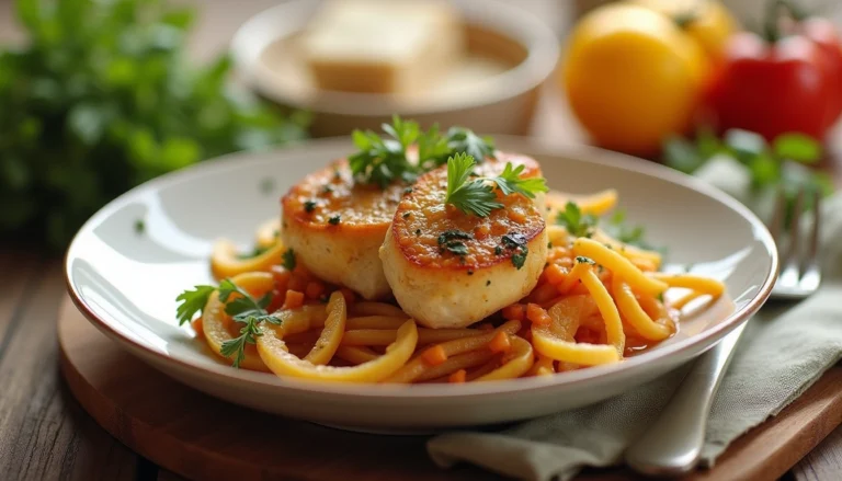 Healthy WW Dinner Ideas featuring juicy chicken medallions over vegetable pasta, topped with fresh herbs — a flavorful, low-point meal perfect for a balanced dinner.