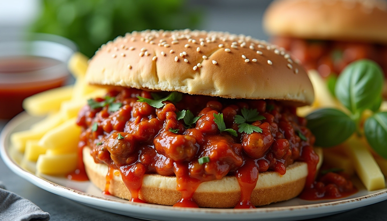 Healthy Sloppy Joe Recipe served on a sesame bun, filled with lean ground turkey and rich tomato sauce, garnished with fresh parsley and paired with fries