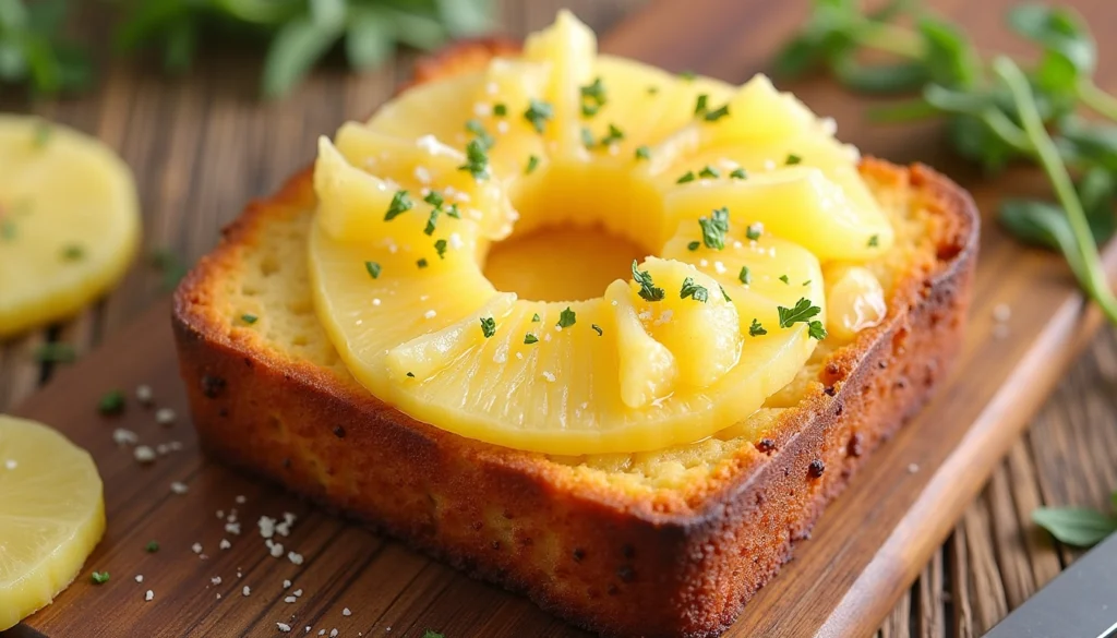 A freshly baked pineapple quick bread topped with juicy pineapple slices and herbs, showcasing a moist, golden texture — perfect for the Pineapple Quick Bread Recipe