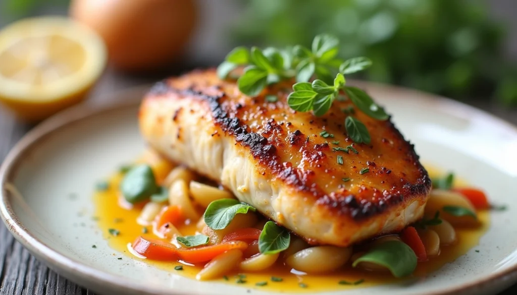 A serving of fish with colorful vegetables and lemon on a plate, featured in a sous vide chicken breast recipe