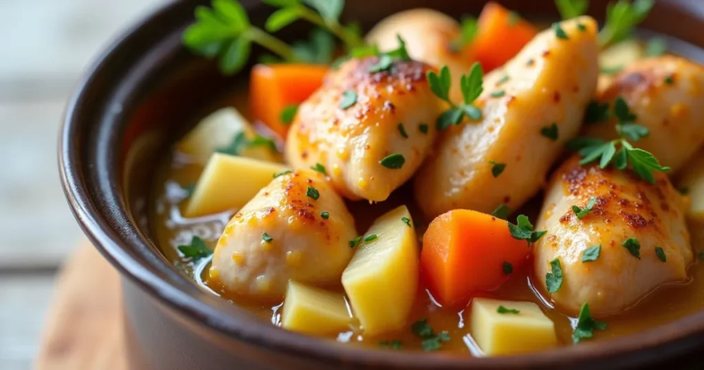 A bowl of homemade chicken soup with carrots, potatoes, and herbs, showcasing one of the best recipes for chicken soup in crockpot — warm and comforting meal