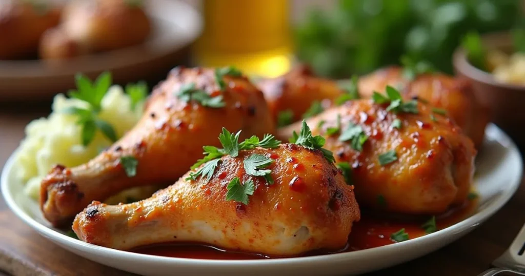 Crispy golden chicken drumsticks in oven served on a plate with mashed potatoes and fresh parsley garnish, showing juicy and flavorful baked texture