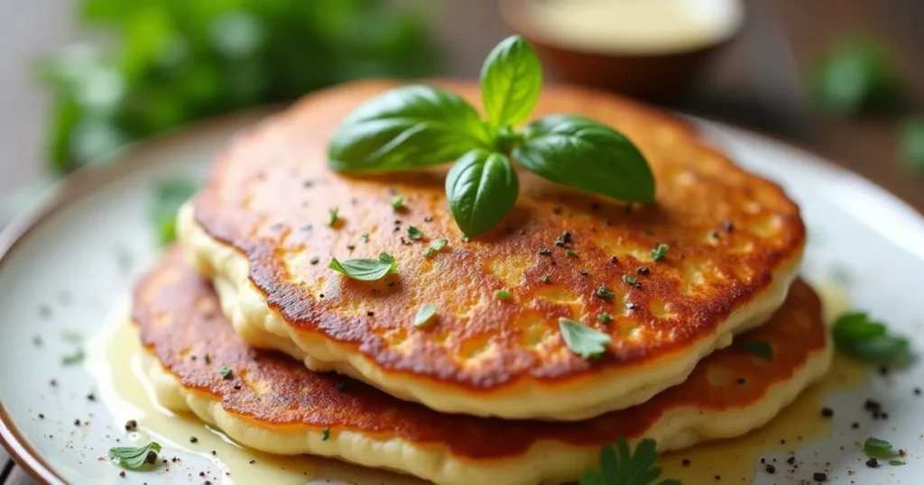 Two golden brown pancakes from an Easy Protein Pancake Recipe are topped with fresh herbs and a savory sauce, garnished with a basil sprig, and served on a white plate.