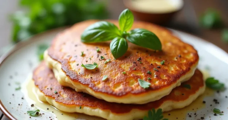 Two golden brown pancakes from an Easy Protein Pancake Recipe are topped with fresh herbs and a savory sauce, garnished with a basil sprig, and served on a white plate.