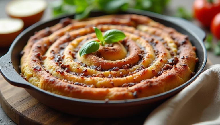 Freshly baked cinnamon roll recipe no yeast in a cast iron pan, golden and fluffy with a swirl of cinnamon sugar, topped with a basil leaf for garnish