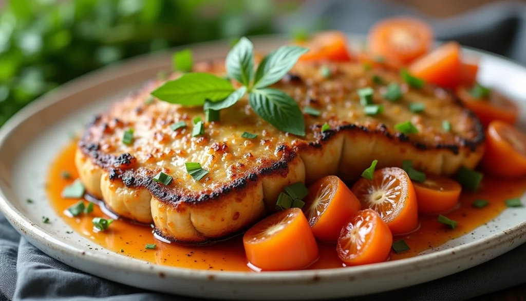 Easy low carb dinners featuring a grilled cauliflower steak served with cherry tomatoes, fresh herbs, and a light sauce on a rustic plate.