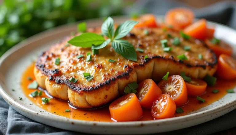 Easy low carb dinners featuring a grilled cauliflower steak served with cherry tomatoes, fresh herbs, and a light sauce on a rustic plate.
