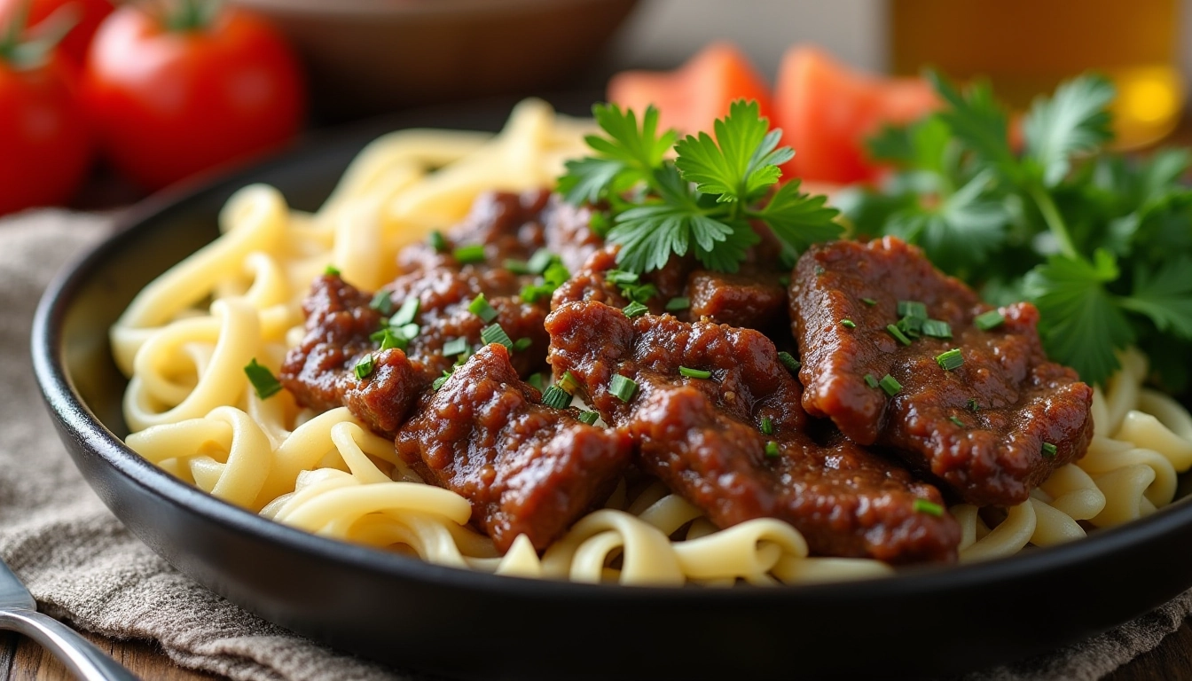 A black plate of pasta topped with slices of beef in sauce, garnished with fresh parsley and chopped chives, is a delicious twist on classic ground beef recipes, with vibrant tomatoes in the background.