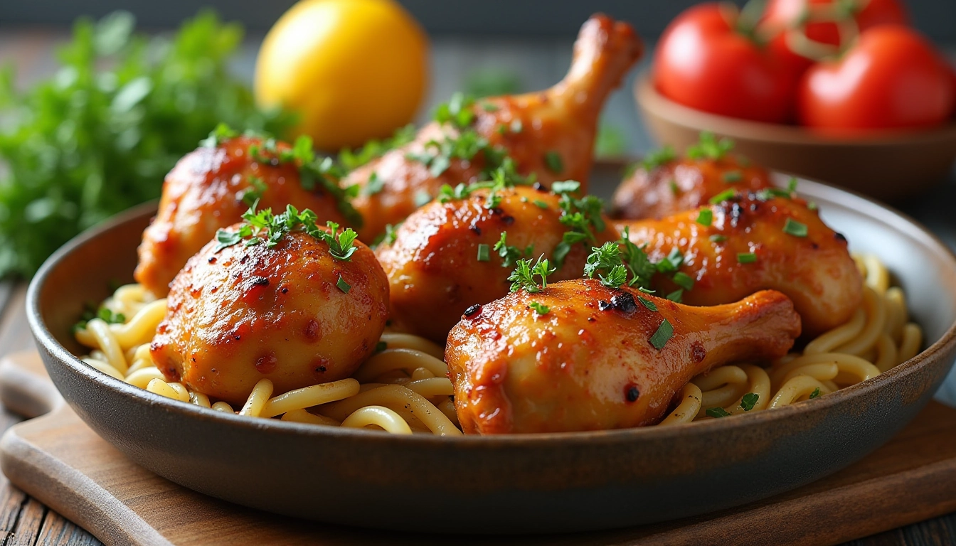 baked chicken legs in oven served with pasta and fresh tomatoes on a white plate.